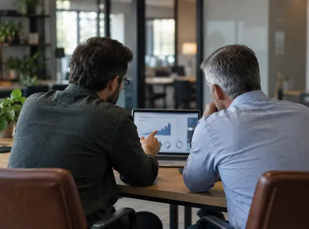 Business owner and advisor in a focused working session in a modern office